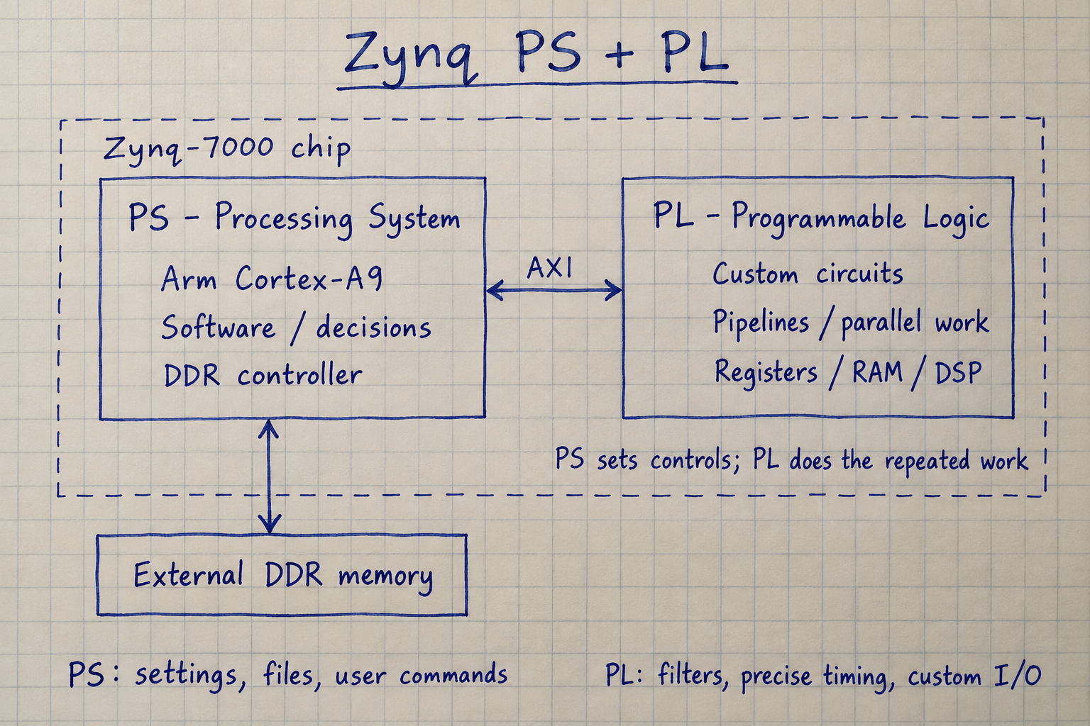 Handwritten-style block diagram of Zynq PS and PL, their AXI connection, and external DDR memory