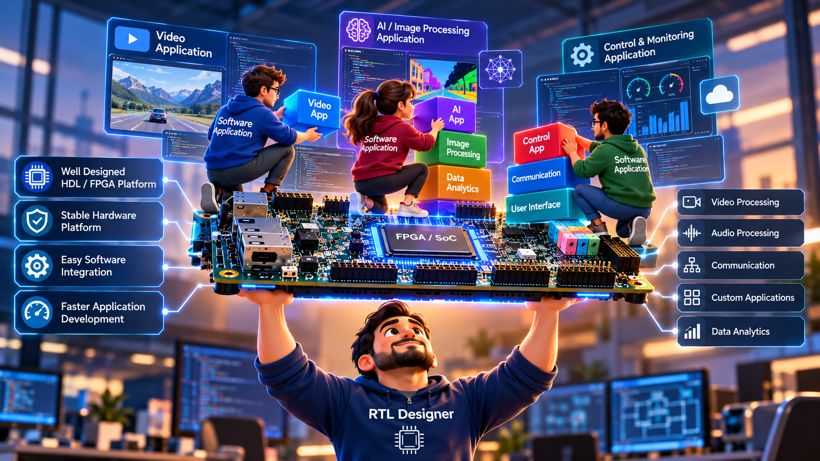 Conceptual metaphor: an RTL designer supports an FPGA platform with video, image processing, and control applications.
