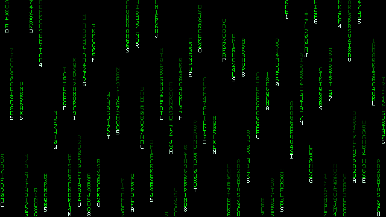 Green digital character rain from the FPGA simulation