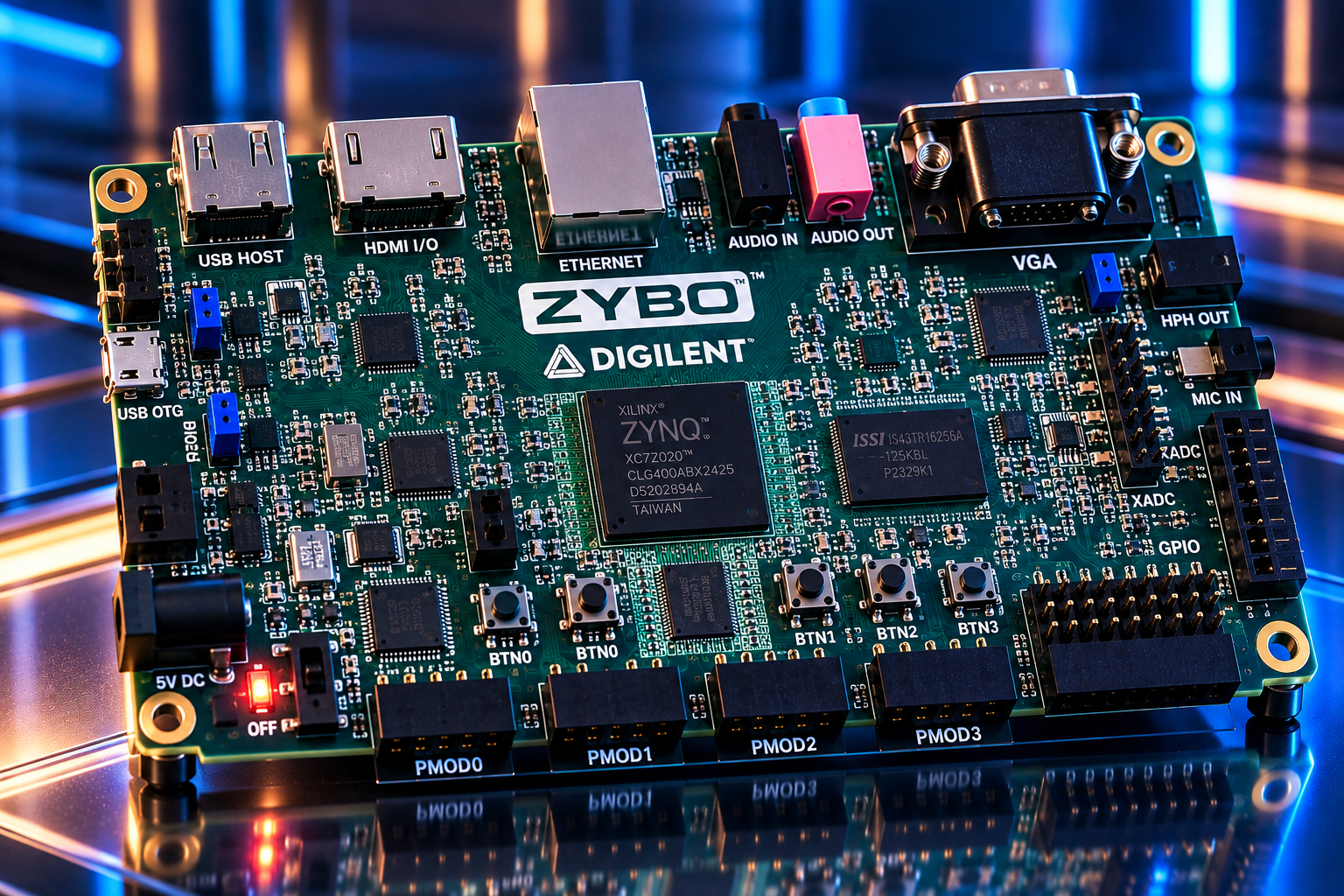 Zybo board illustration for the FPGA Fireworks Simulator